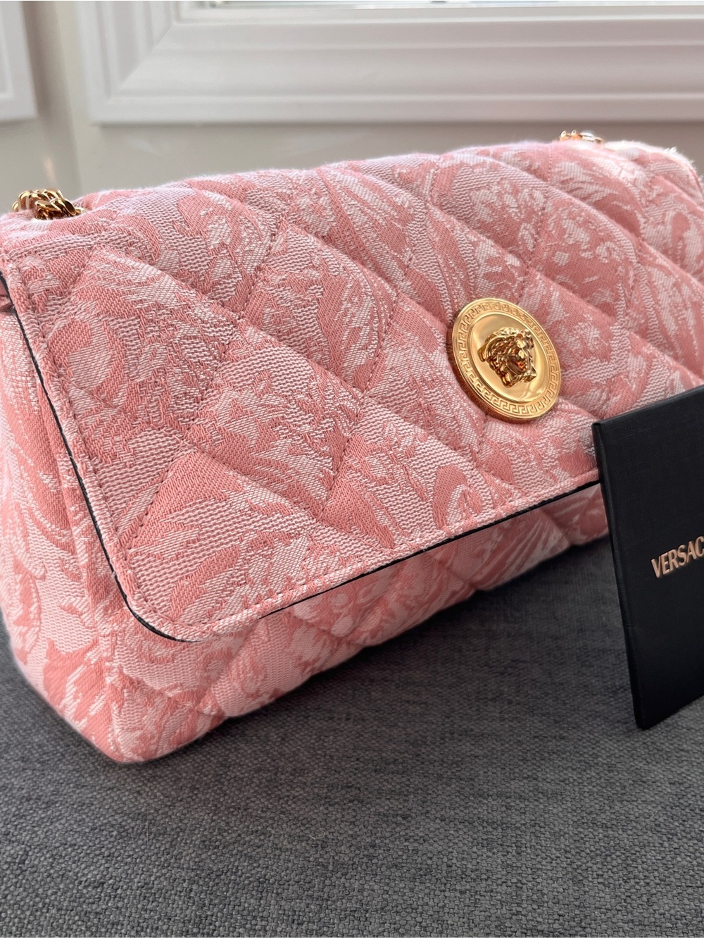 Authentic Versace Pink Quilted Jacquard Shoulder Bag with Gold Accents
